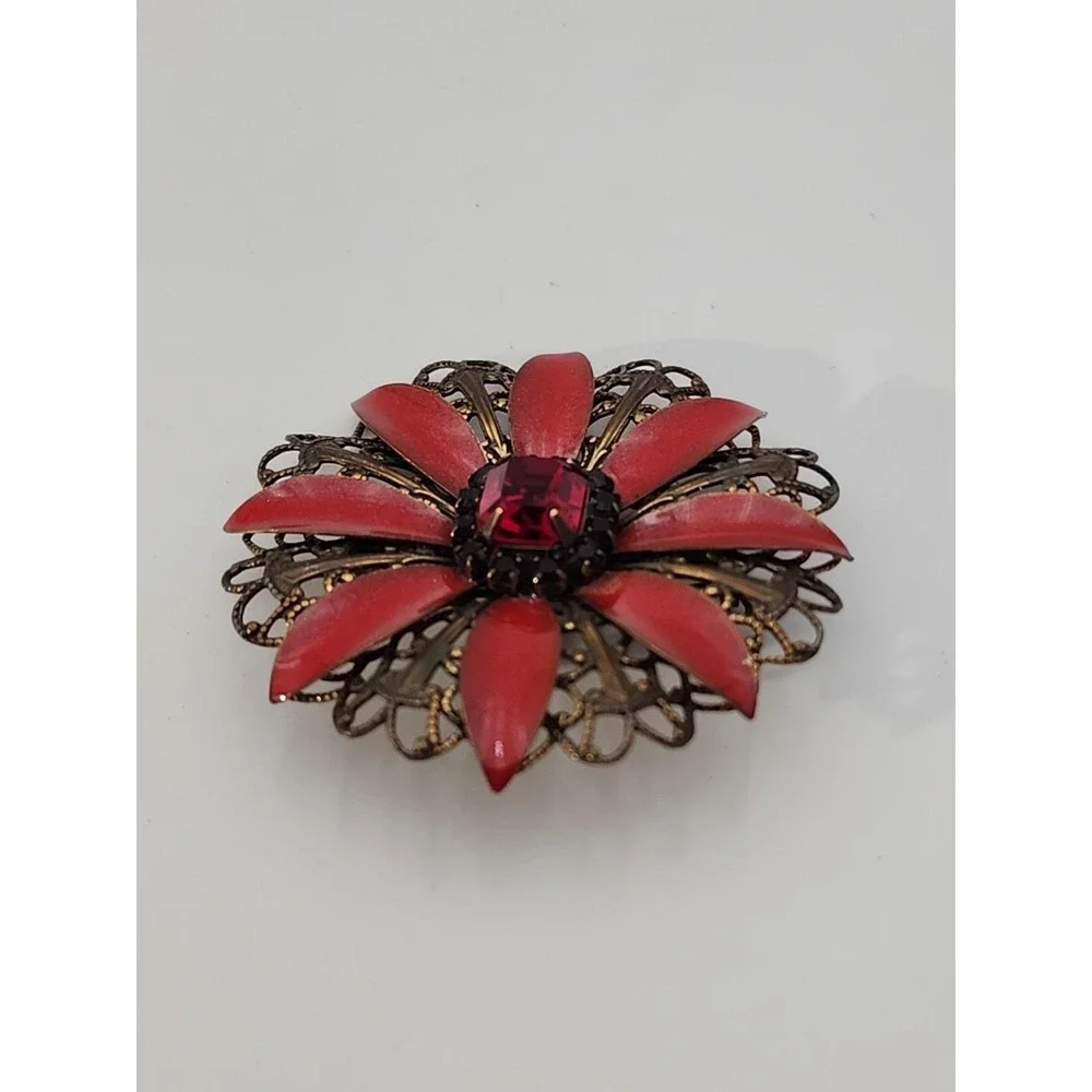 Vintage Signed‎ Liz Paiacios Red enamel rhinestone Flower Brooch Pin